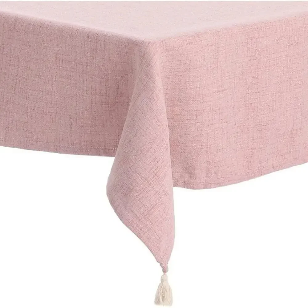 NEW Farmhouse Cottage Rectangle Pink Cotton Linen Table Cloth Tassels 71